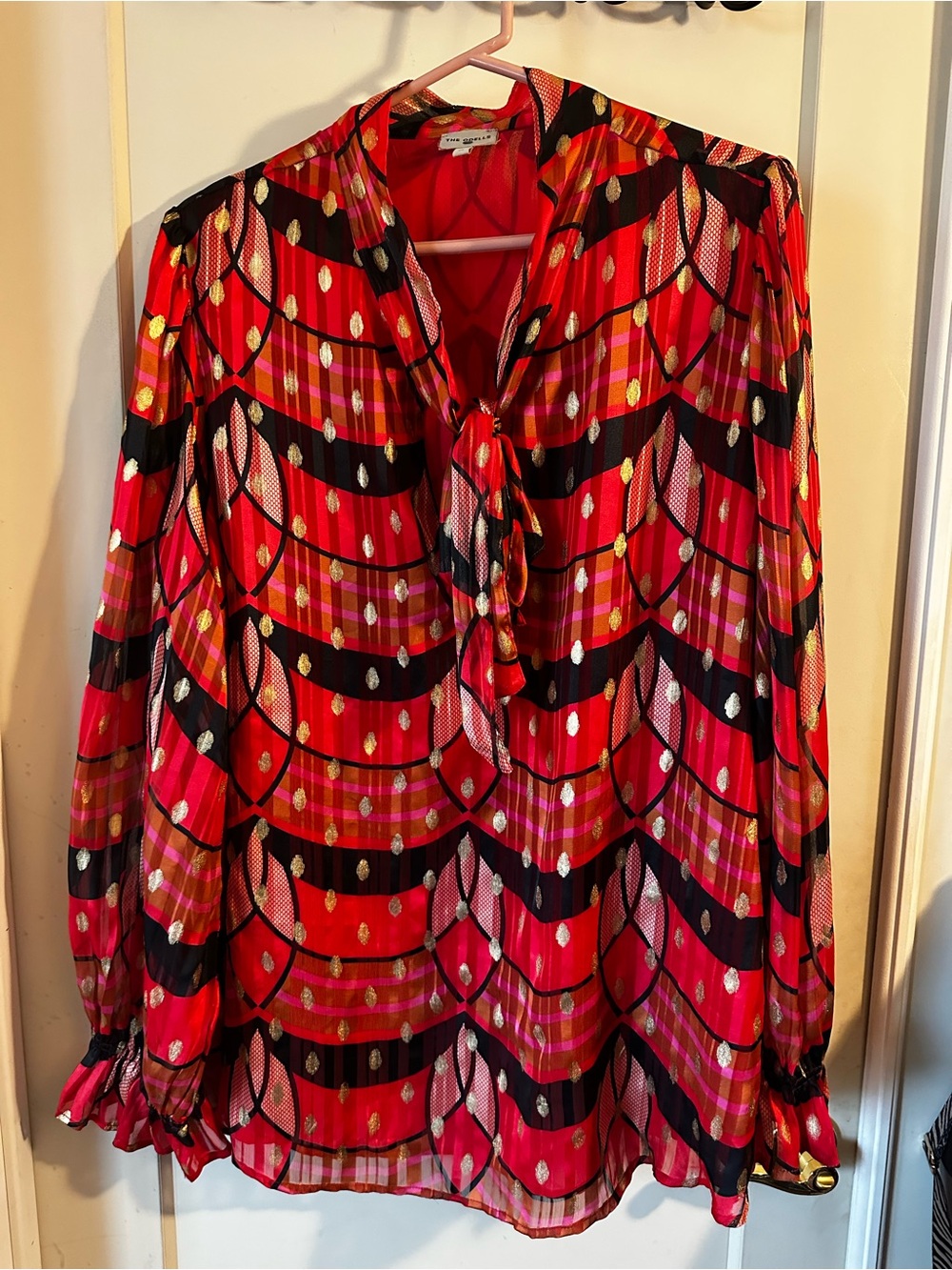 Red Patterned Tie-Neck Blouse - Women The Odells for Anthropologie
